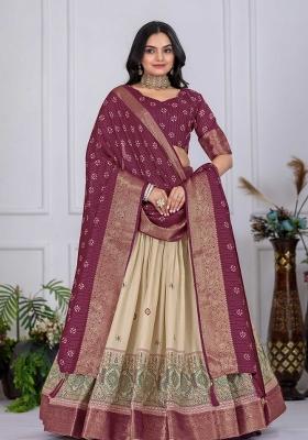 Wine Embroidery Work Jacquard Lehenga Set With Dupatta
