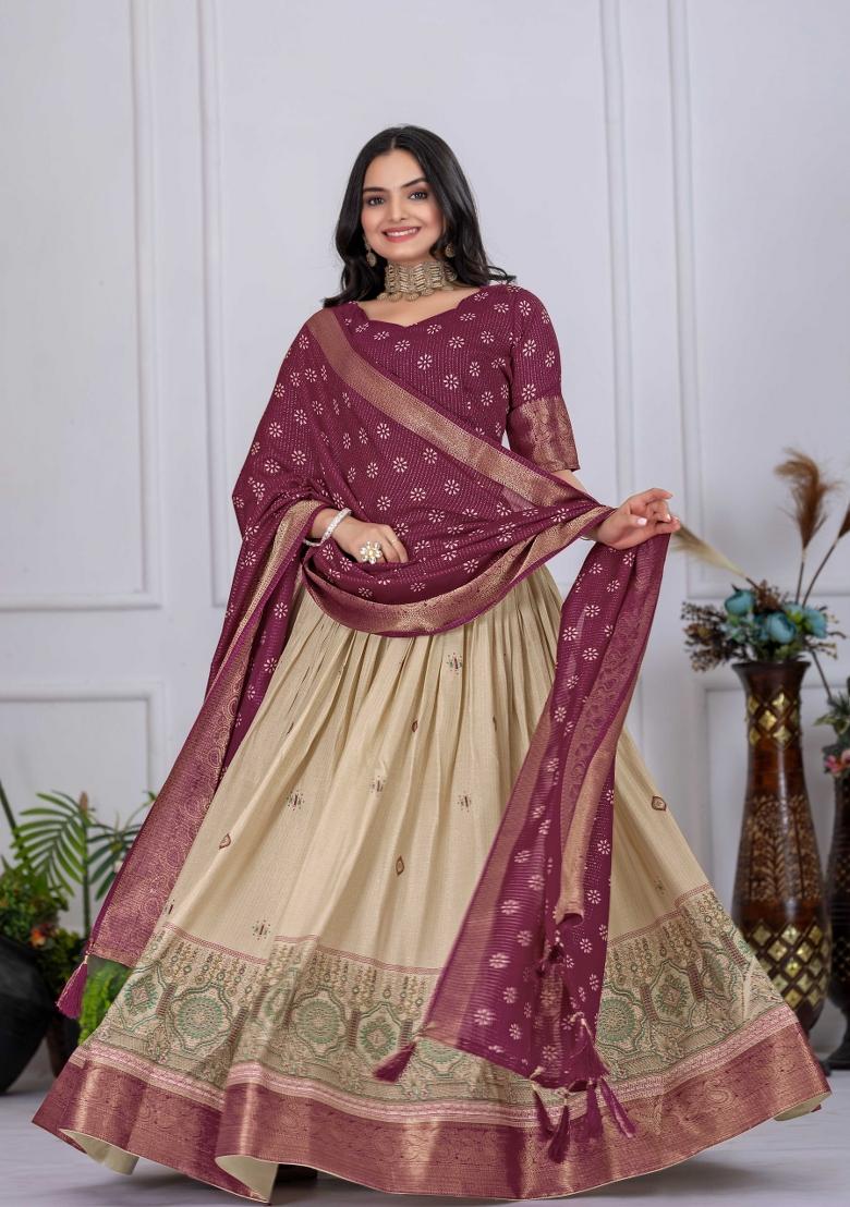 Wine Embroidery Work Jacquard Lehenga Set With Dupatta - Indya
