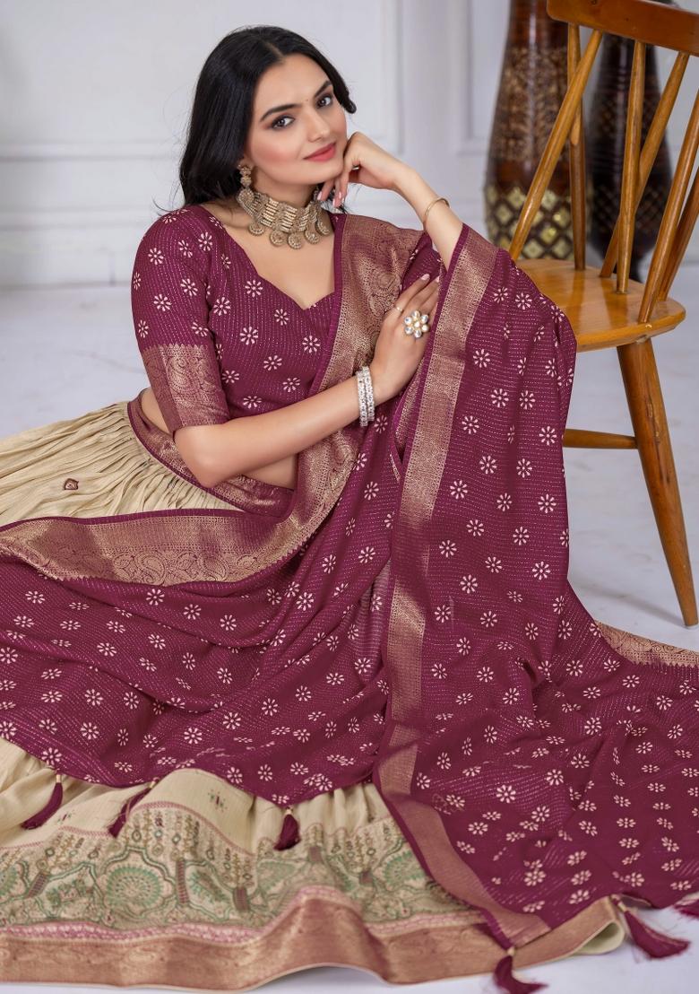 Wine Embroidery Work Jacquard Lehenga Set With Dupatta - Indya