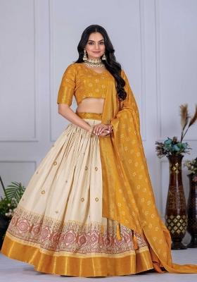 Yellow Embroidery Work Jacquard Lehenga Set With Dupatta