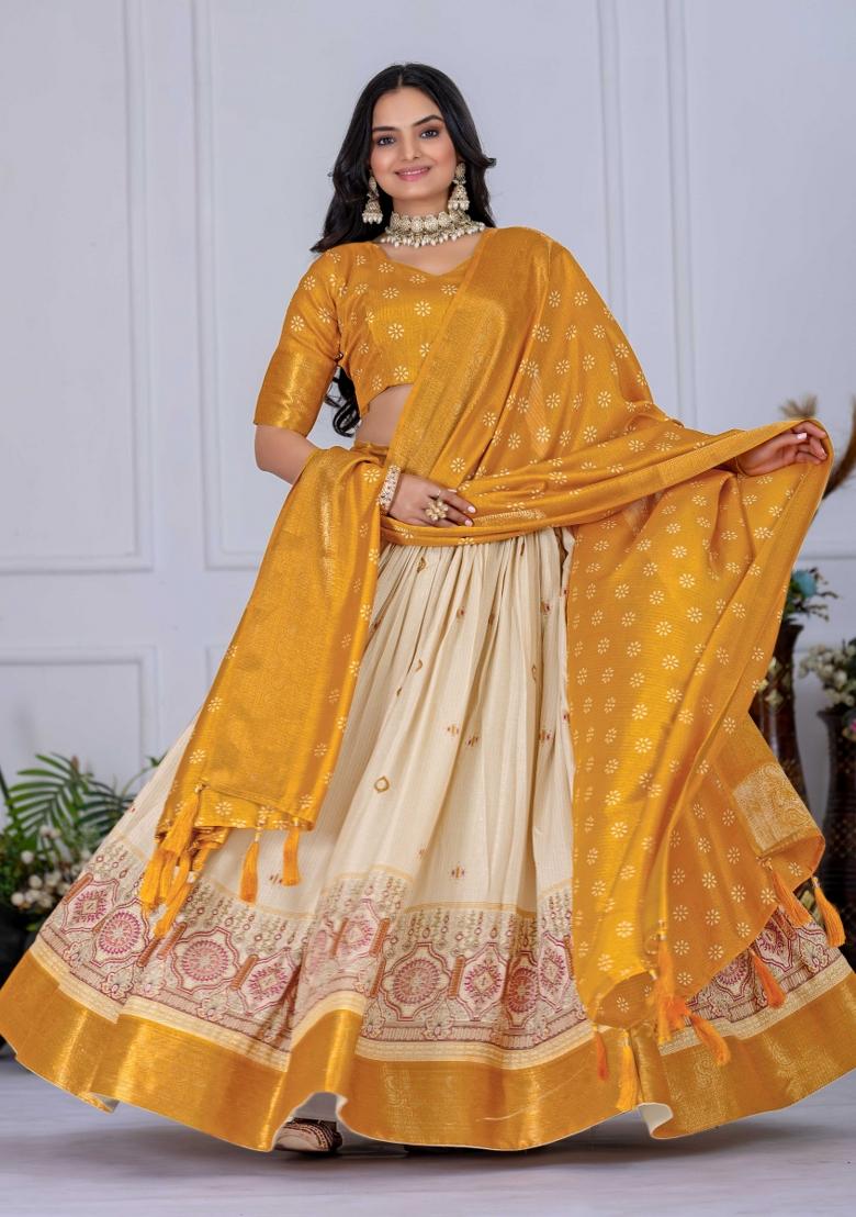 Yellow Embroidery Work Jacquard Lehenga Set With Dupatta - Indya