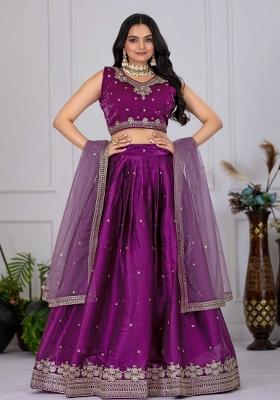 Wine Embroidery Work Blended Lehenga Set With Dupatta