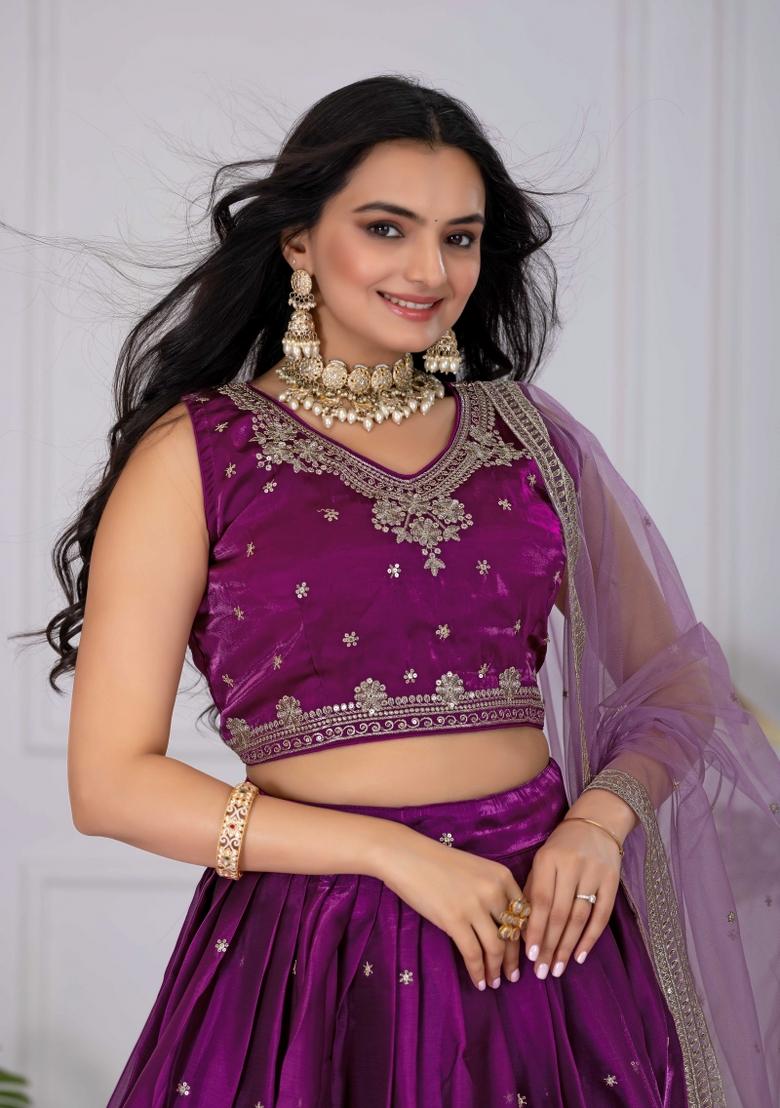 Wine Embroidery Work Blended Lehenga Set With Dupatta - Indya