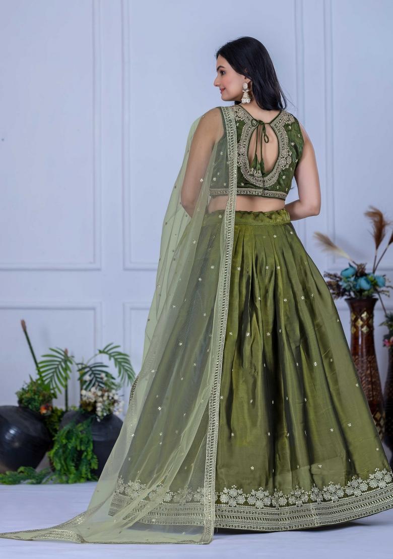 Mahendi Embroidery Work Blended Lehenga Set With Dupatta - Indya