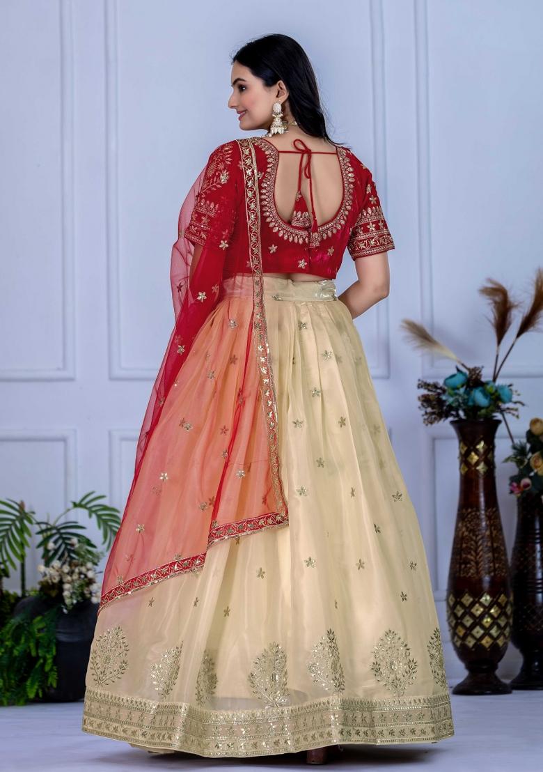 Offwhite Embroidery Work Blended Lehenga Set With Dupatta - Indya