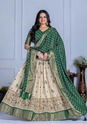 Green Embroidery Work Jacquard Lehenga Set With Dupatta