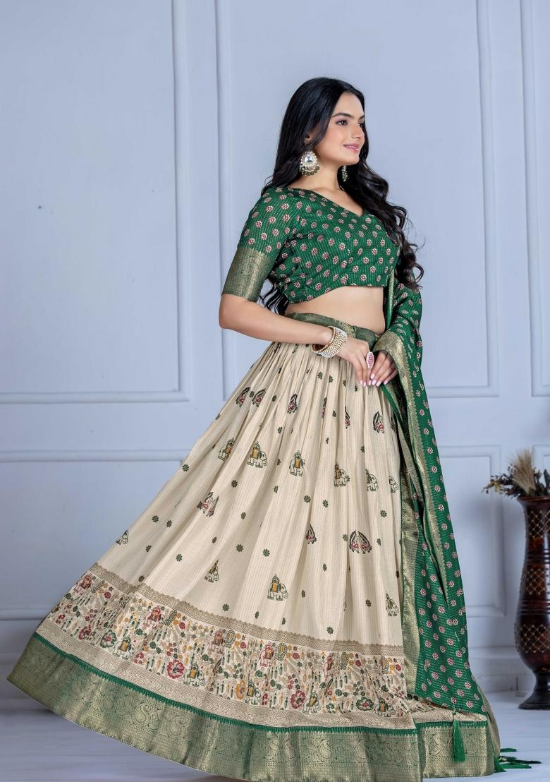 Green Embroidery Work Jacquard Lehenga Set With Dupatta - Indya