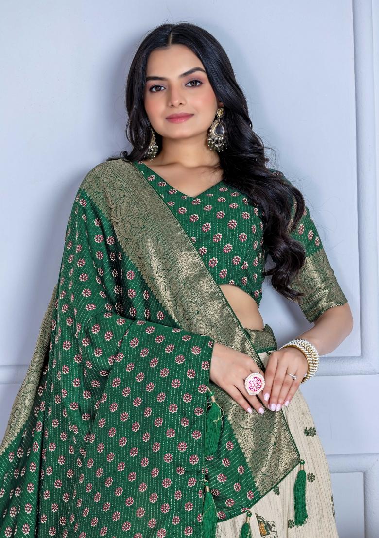 Green Embroidery Work Jacquard Lehenga Set With Dupatta - Indya