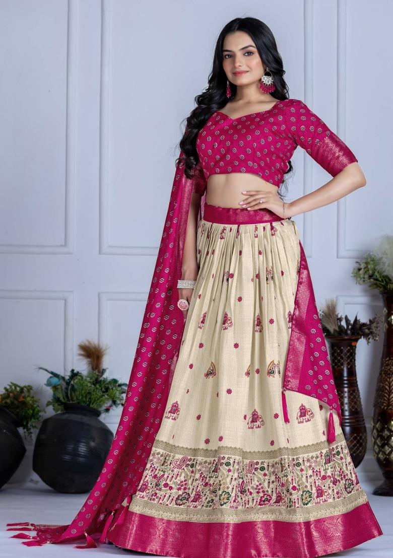 Pink Embroidery Work Jacquard Lehenga Set With Dupatta - Indya