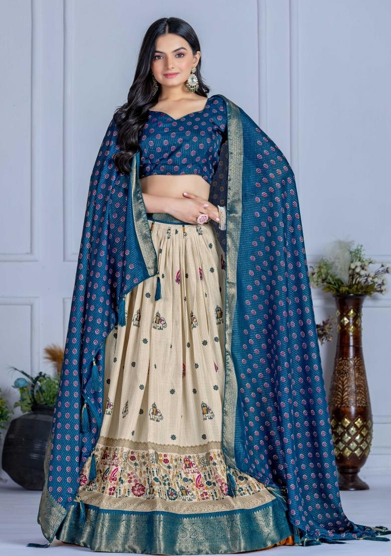 Blue Embroidery Work Jacquard Lehenga Set With Dupatta - Indya