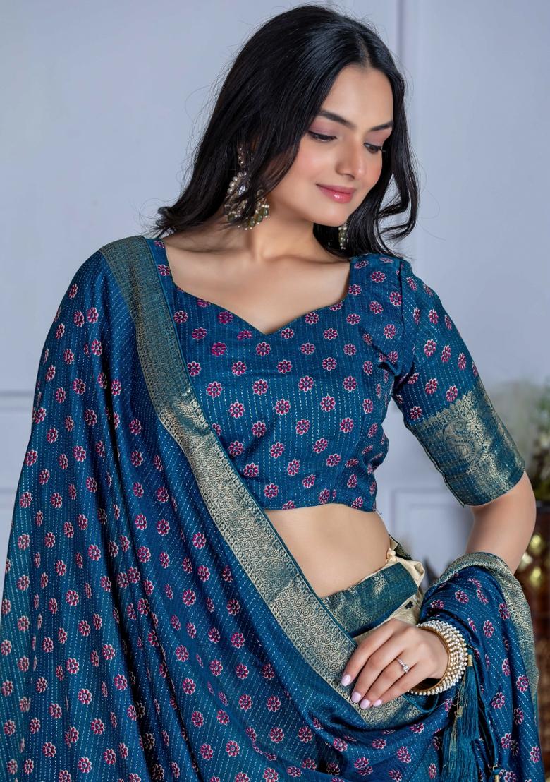 Blue Embroidery Work Jacquard Lehenga Set With Dupatta - Indya