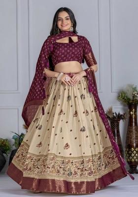 Wine Embroidery Work Jacquard Lehenga Set With Dupatta