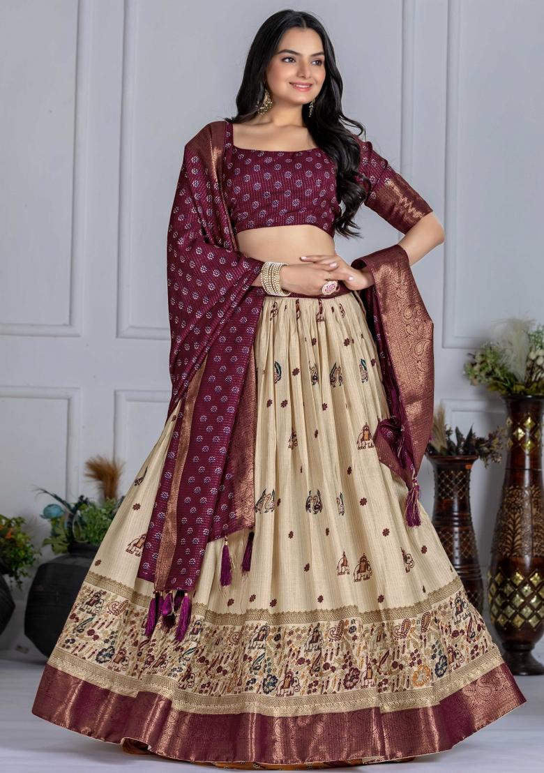 Wine Embroidery Work Jacquard Lehenga Set With Dupatta - Indya
