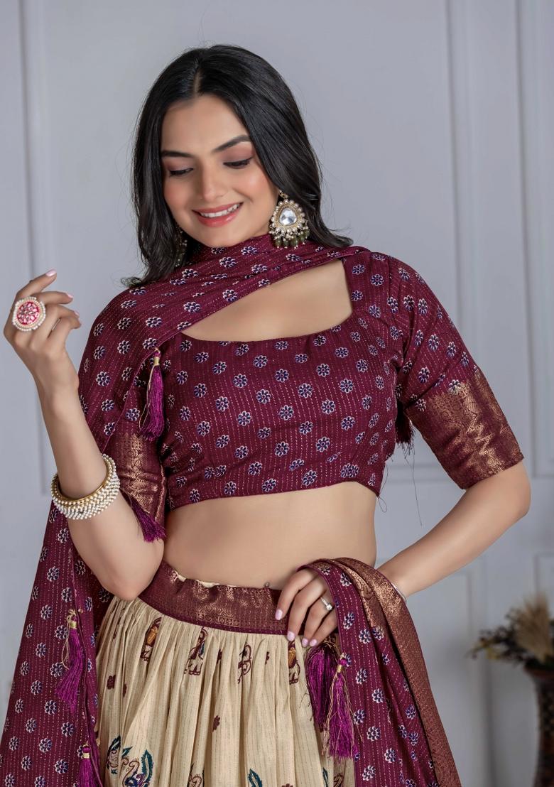 Wine Embroidery Work Jacquard Lehenga Set With Dupatta - Indya