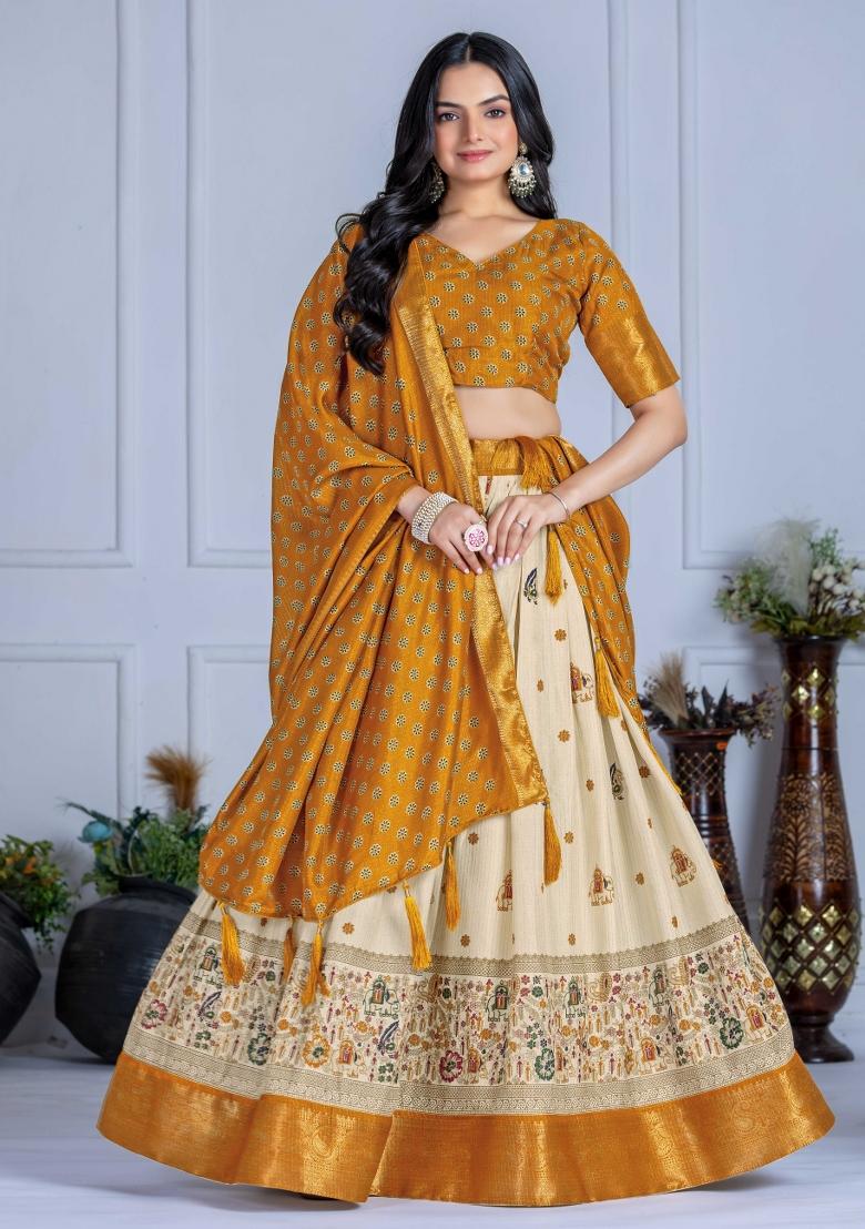 Yellow Embroidery Work Jacquard Lehenga Set With Dupatta - Indya