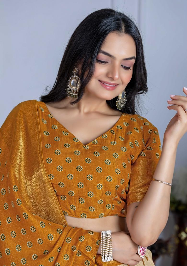 Yellow Embroidery Work Jacquard Lehenga Set With Dupatta - Indya