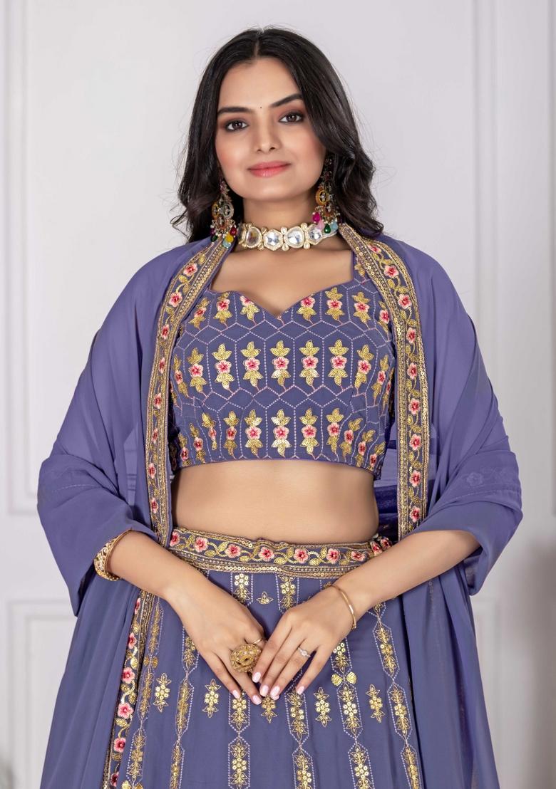 Lavender Embroidery Work Georgette Lehenga Set With Dupatta - Indya