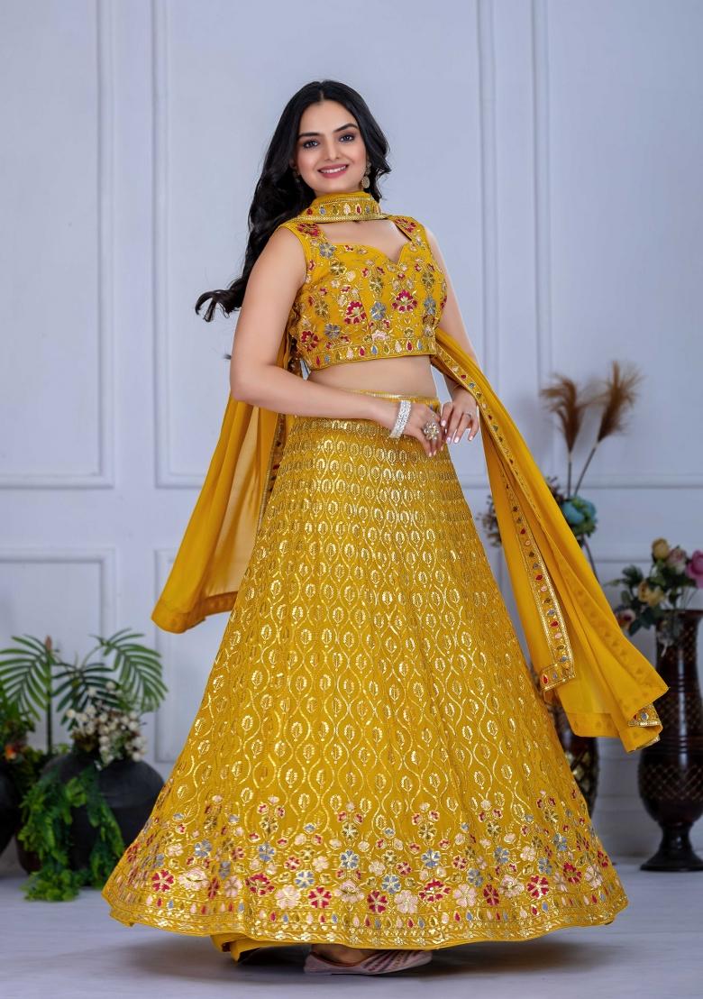 Yellow Embroidery Work Georgette Lehenga Set With Dupatta - Indya
