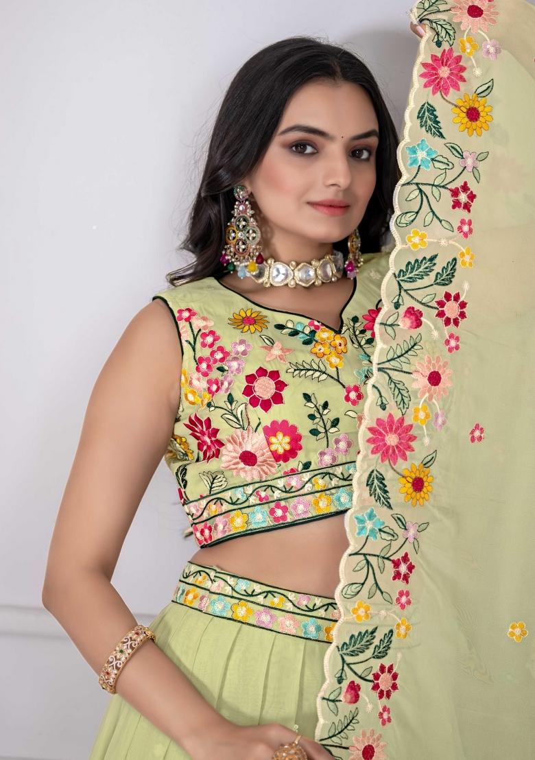 Pastelgreen Embroidery Work Blended Lehenga Set With Dupatta - Indya