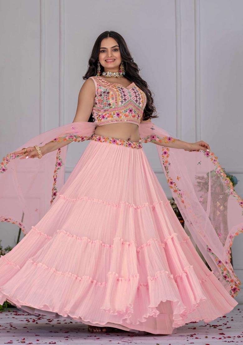 Pink Embroidery Work Georgette Lehenga Set With Dupatta - Indya