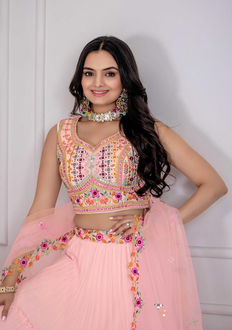 Pink Embroidery Work Georgette Lehenga Set With Dupatta - Indya