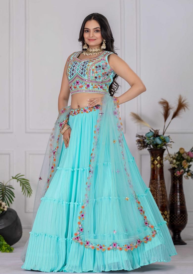 Skyblue Embroidery Work Georgette Lehenga Set With Dupatta - Indya