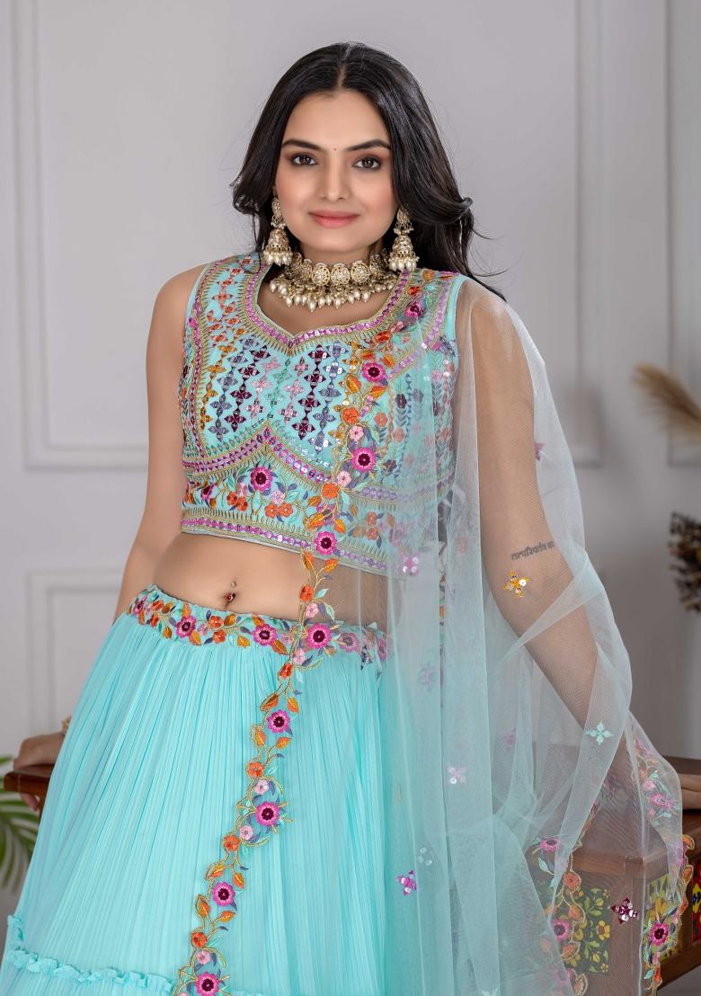 Skyblue Embroidery Work Georgette Lehenga Set With Dupatta - Indya