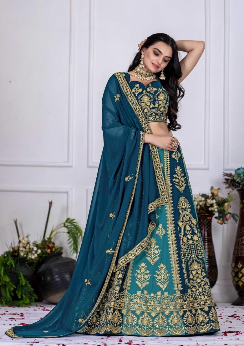 Teal Embroidery Work Georgette Lehenga Set With Dupatta - Indya
