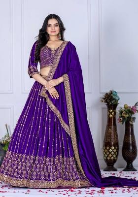 Purple Embroidery Work Silk Lehenga Set With Dupatta