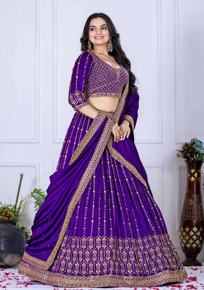 Purple Embroidery Work Silk Lehenga Set With Dupatta - Indya