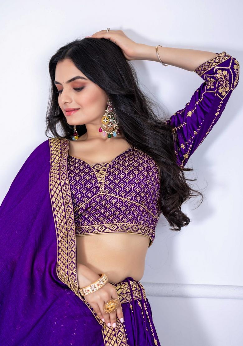 Purple Embroidery Work Silk Lehenga Set With Dupatta - Indya