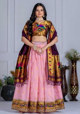 Pink Embroidery Work Silk Lehenga Set With Dupatta