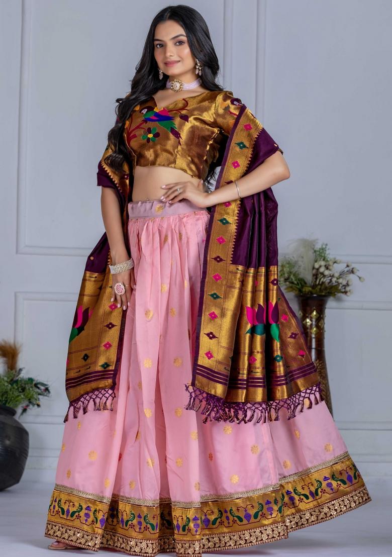 Pink Embroidery Work Silk Lehenga Set With Dupatta - Indya