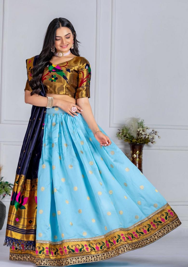Skyblue Embroidery Work Silk Lehenga Set With Dupatta - Indya