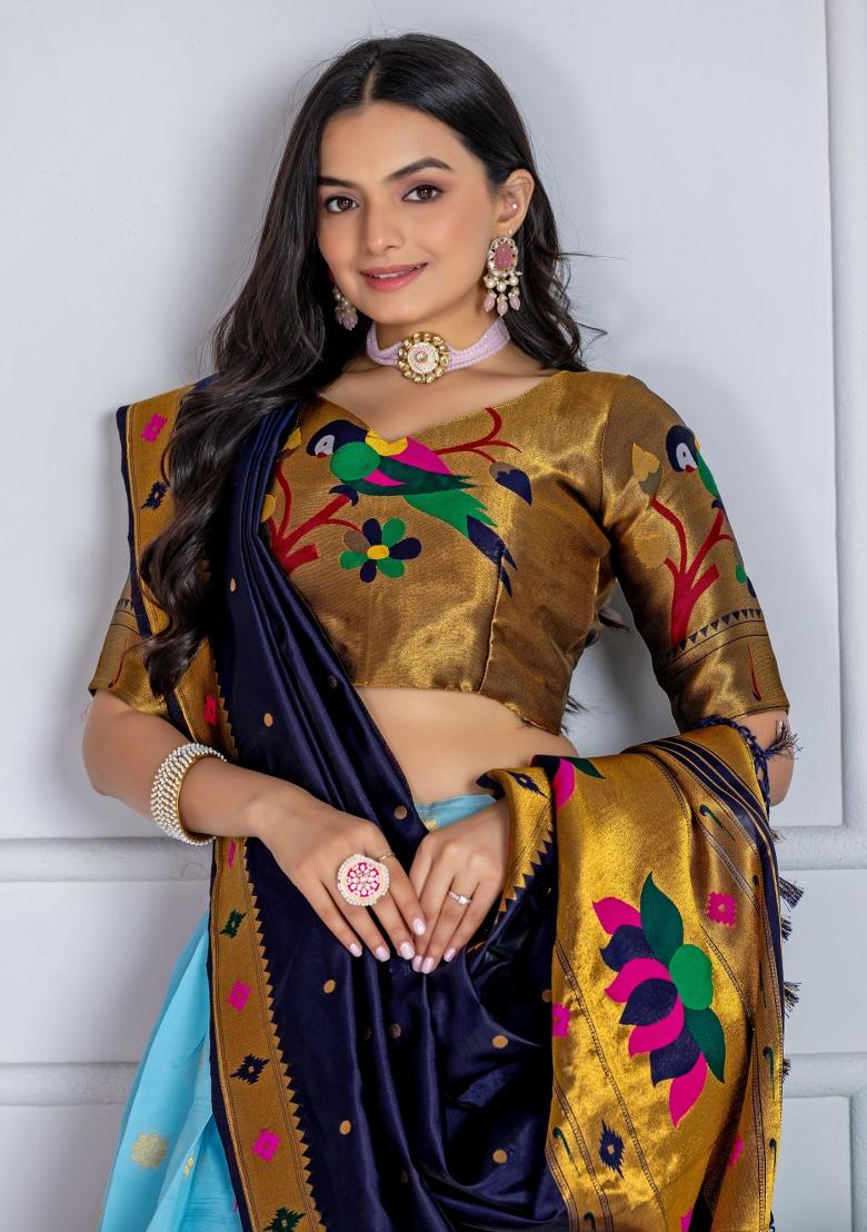 Skyblue Embroidery Work Silk Lehenga Set With Dupatta - Indya