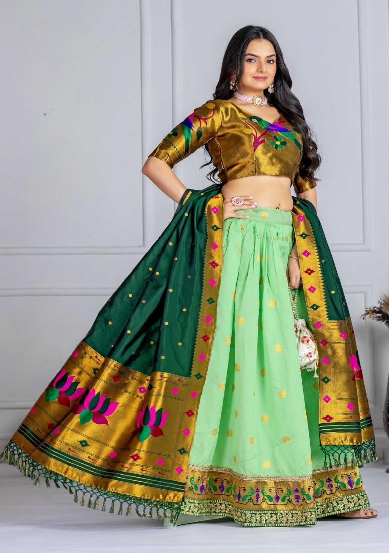 Green Embroidery Work Silk Lehenga Set With Dupatta - Indya