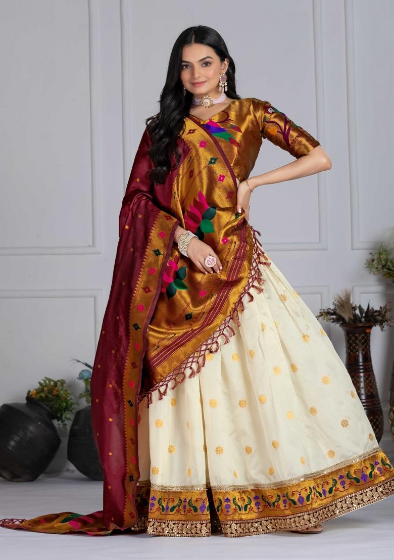 Offwhite Embroidery Work Silk Lehenga Set With Dupatta - Indya