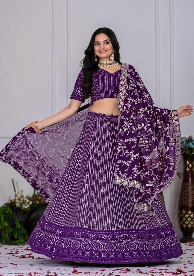 Purple Embroidery Work Georgette Lehenga Set With Dupatta - Indya
