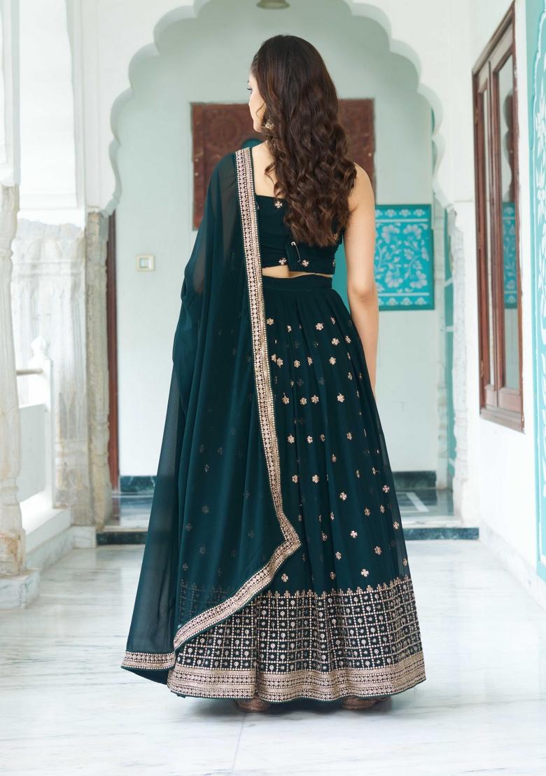 Green Embroidery Work Georgette Lehenga Set With Dupatta - Indya