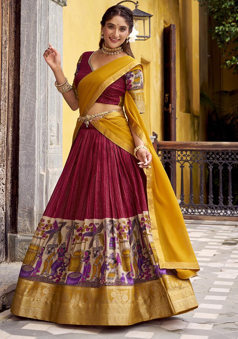 Red Kalamkari Printed Poly Chanderi Lehenga Choli - Indya