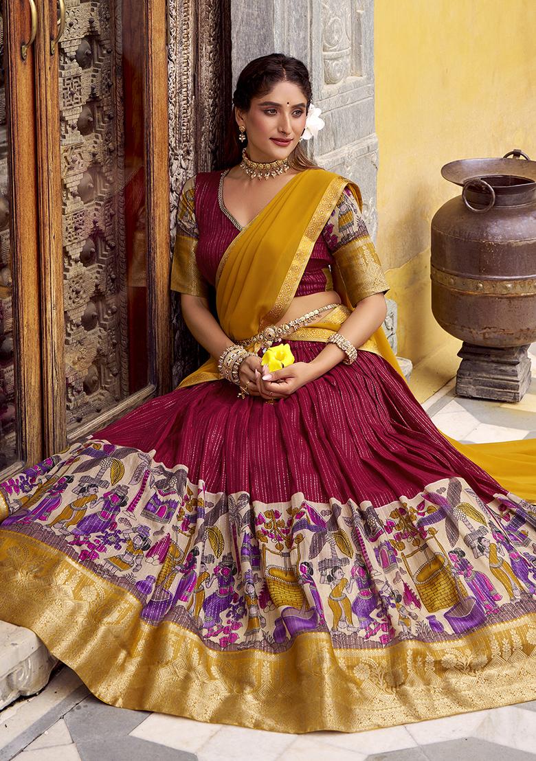 Red Kalamkari Printed Poly Chanderi Lehenga Choli - Indya