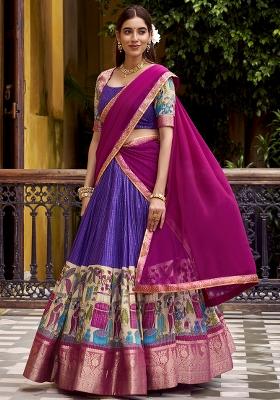 Purple Kalamkari Printed Poly Chanderi Lehenga Choli