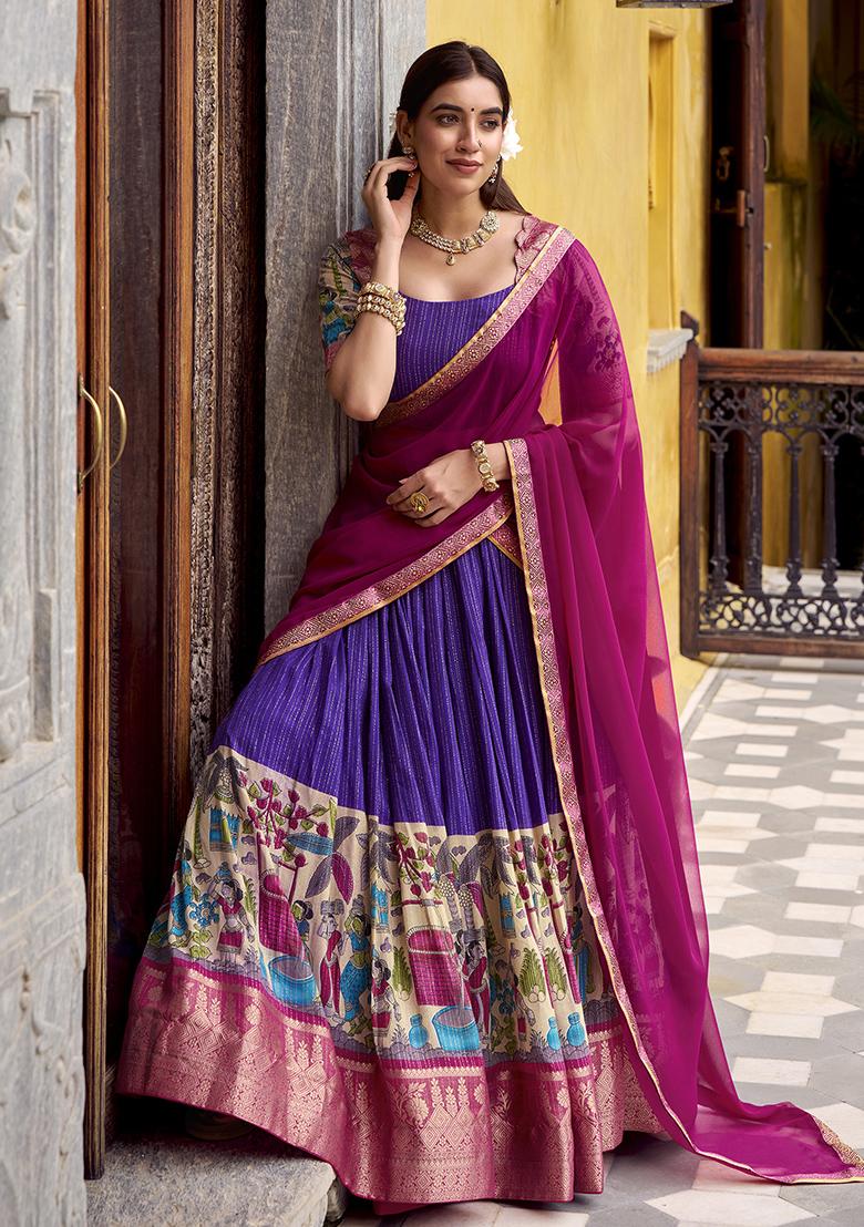 Purple Kalamkari Printed Poly Chanderi Lehenga Choli - Indya