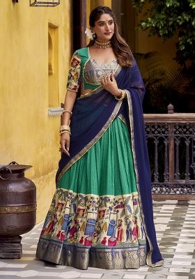 Bottle Green Kalamkari Printed Poly Chanderi Lehenga Choli