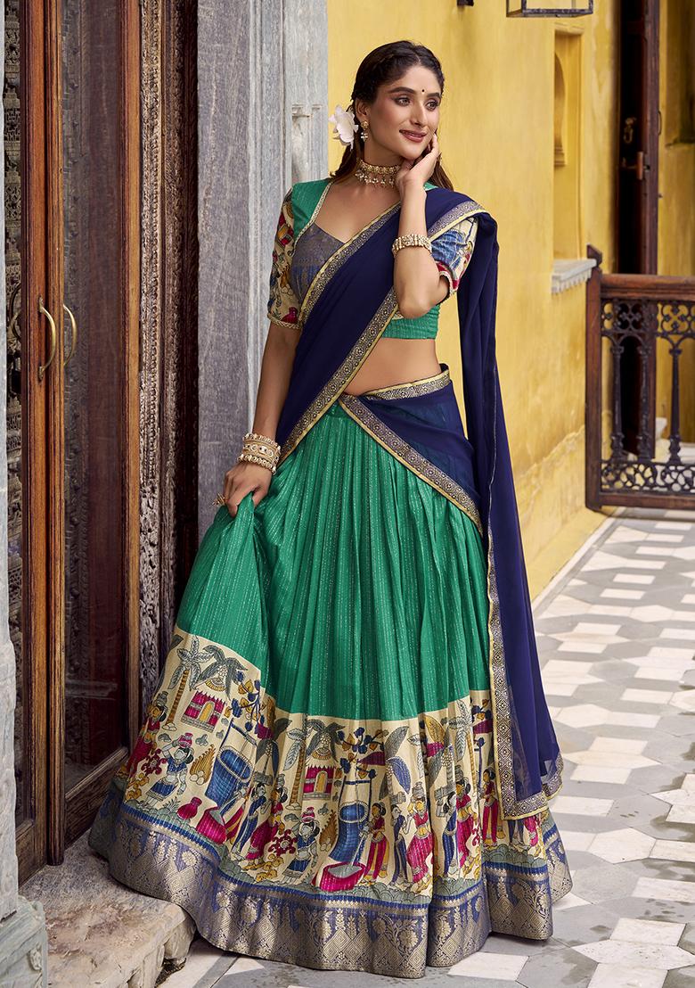 Bottle Green Kalamkari Printed Poly Chanderi Lehenga Choli - Indya