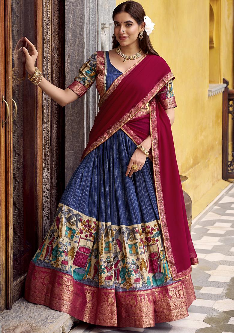 Navyblue Kalamkari Printed Poly Chanderi Lehenga Choli - Indya