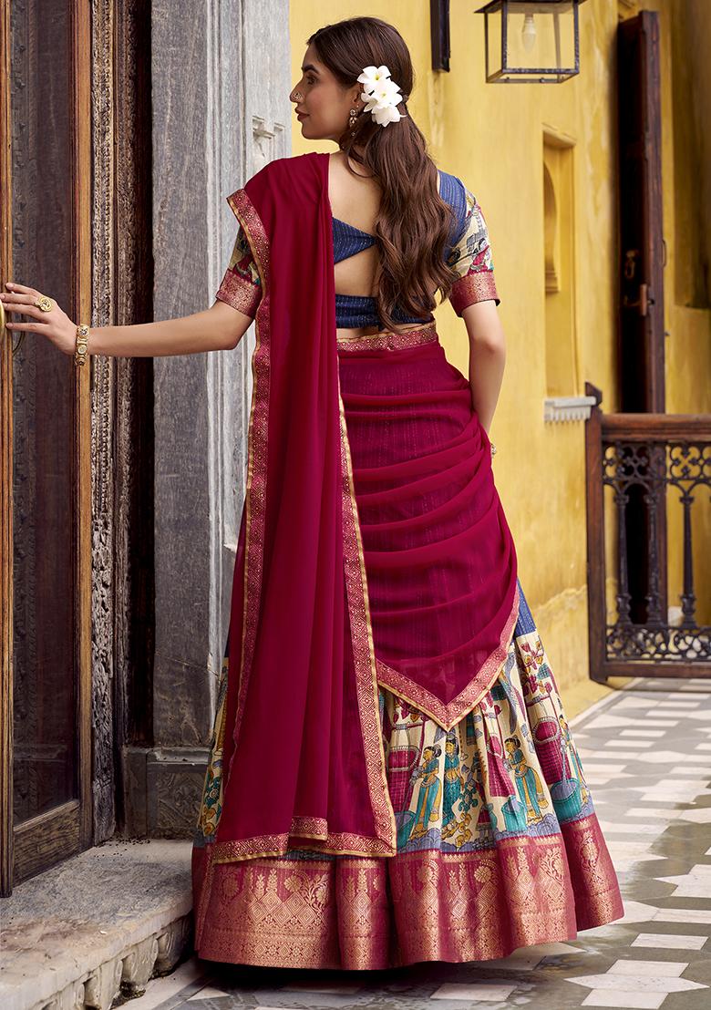 Navyblue Kalamkari Printed Poly Chanderi Lehenga Choli - Indya