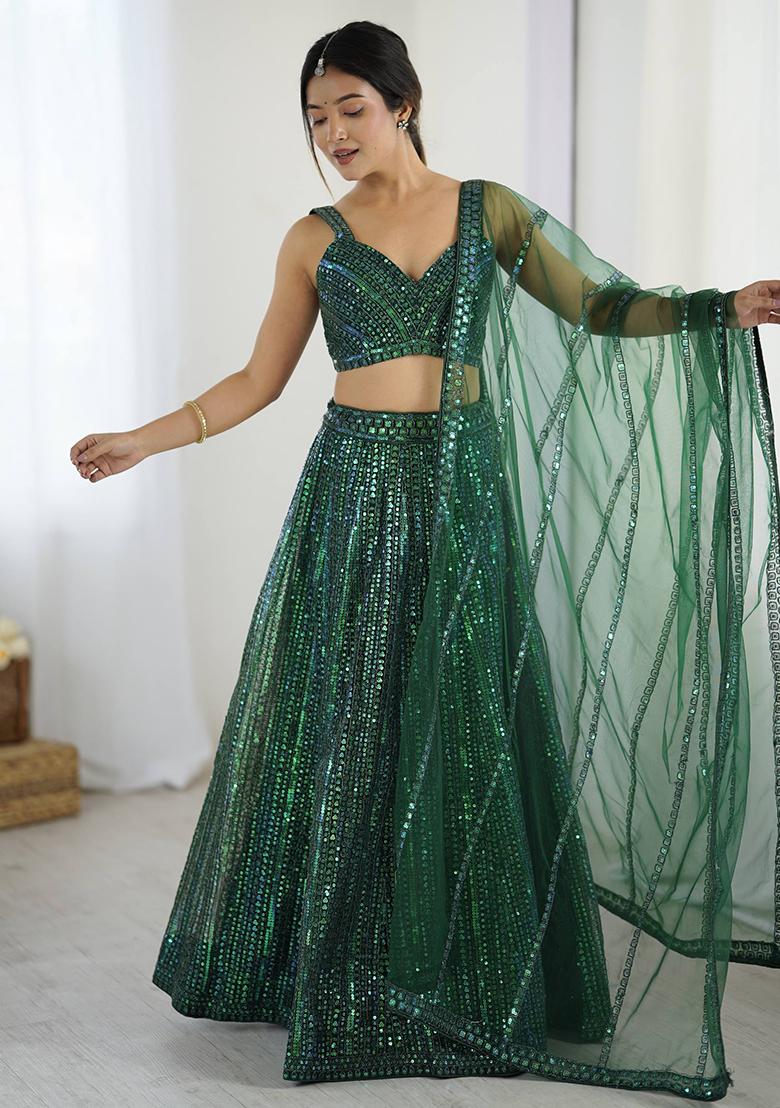 Green Embellished Net Lehenga Set
