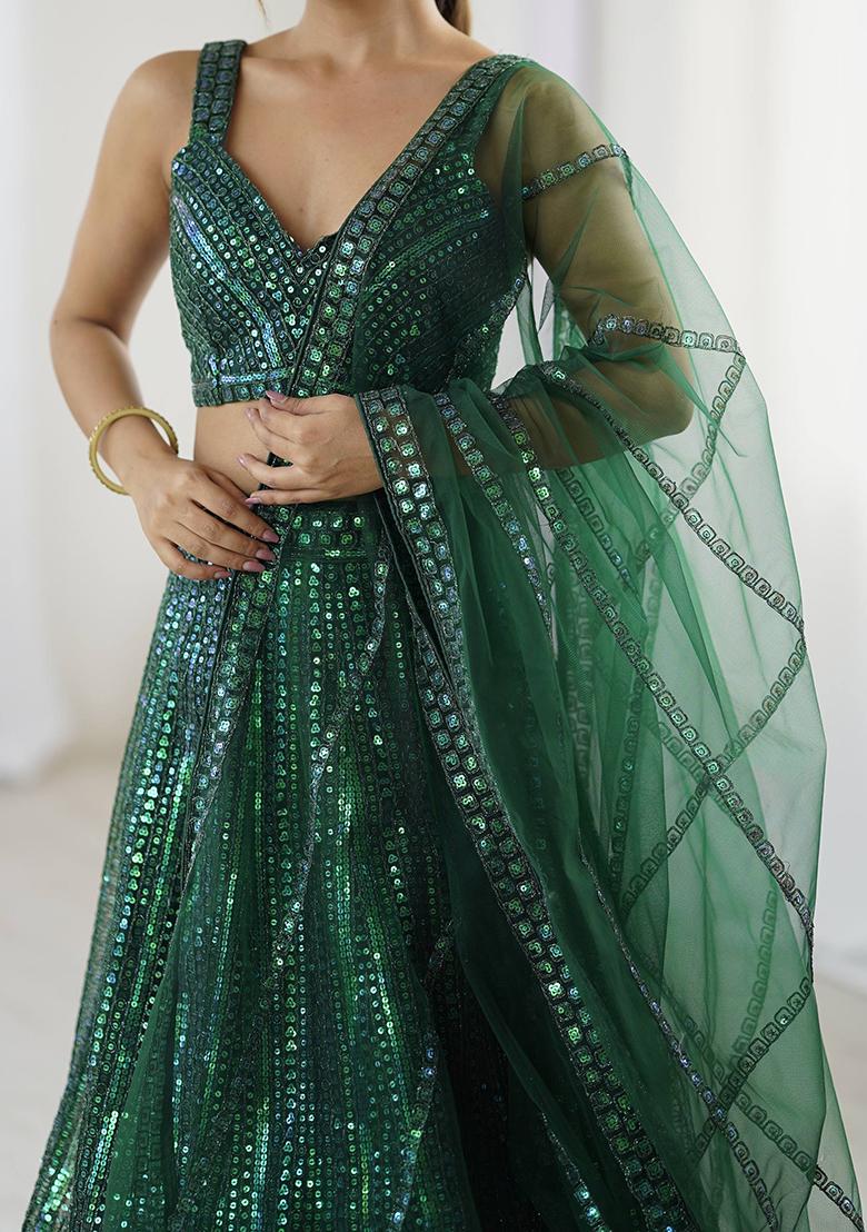 Green Embellished Net Lehenga Set