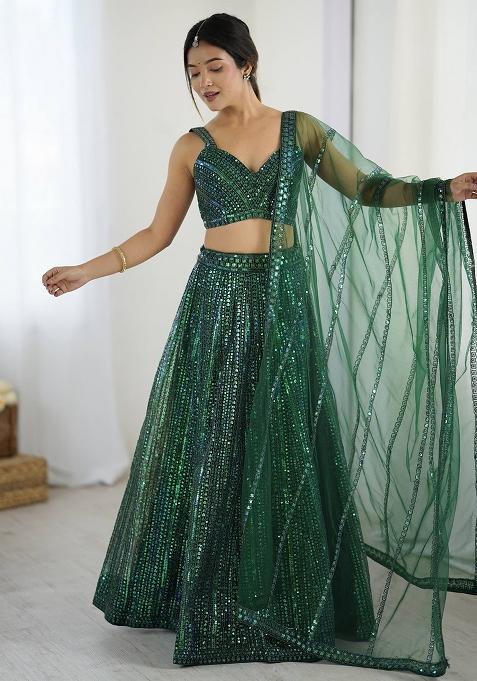 Green Embellished Net Lehenga Set